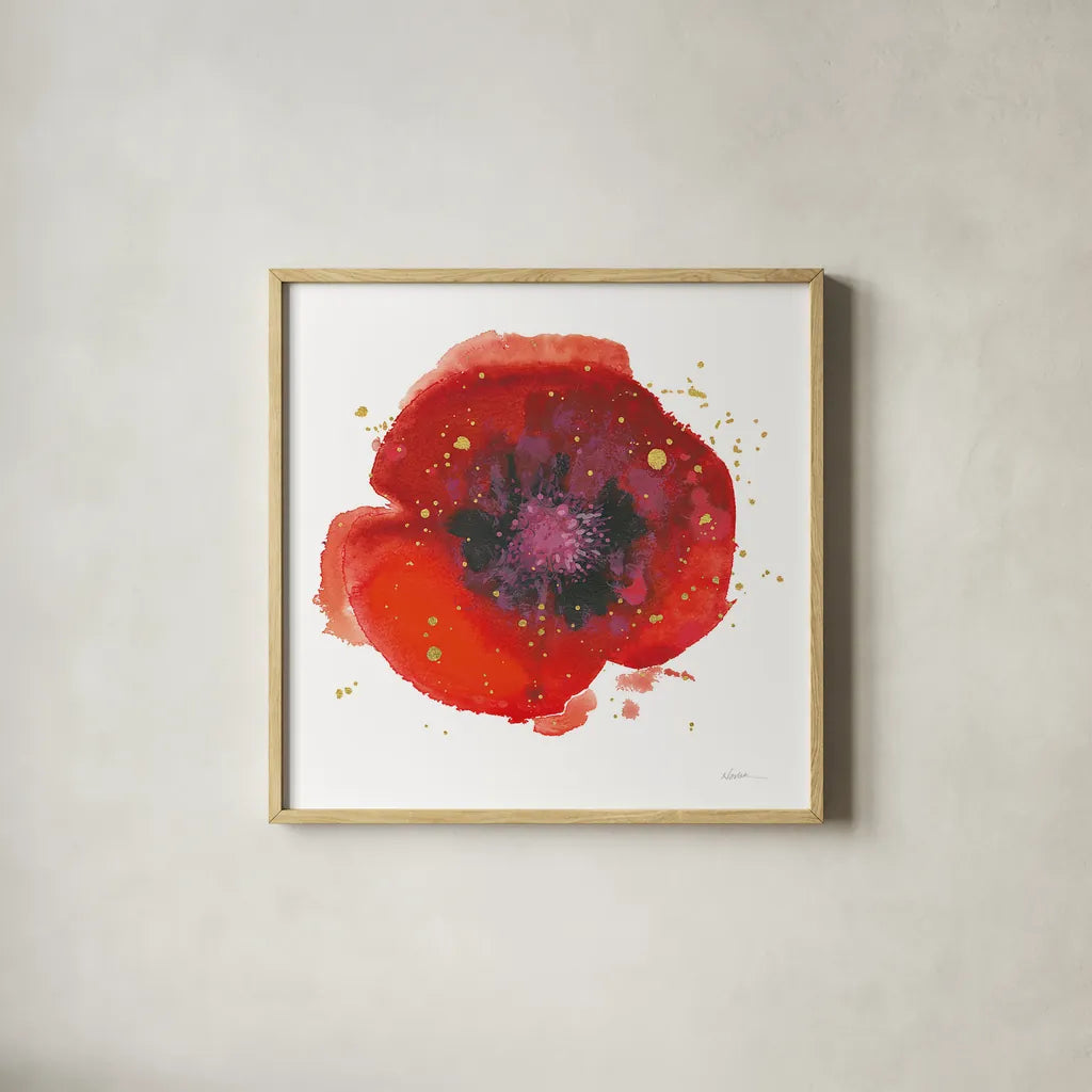 Splash V with Gold by Shirley Novak. Shown in a natural wood glass frame for a timeless modern aesthetic. Available as an archival giclee rolled canvas, fine art paper, or poster print. SKU 29784a.