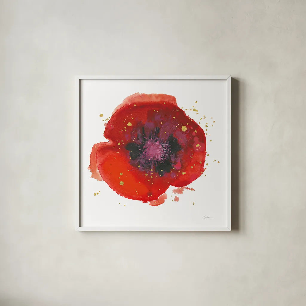 Splash V with Gold by Shirley Novak. Shown in a crisp white glass frame for a clean and minimalist style. Available as an archival giclee rolled canvas, fine art paper, or poster print. SKU 29784a.