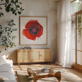 Splash V with Gold by Shirley Novak. Shown in a natural wood frame in a cozy modern living room. Available as an archival giclee rolled canvas, fine art paper, or poster print. SKU 29784a.