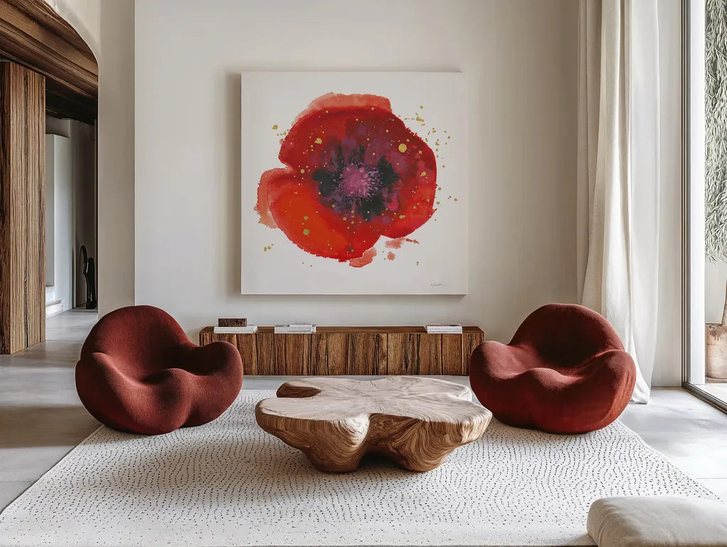 Splash V with Gold by Shirley Novak. Shown as extra-large giant wall art in a modern living room. Available as an archival giclee rolled canvas, fine art paper, or poster print. SKU 29784a.