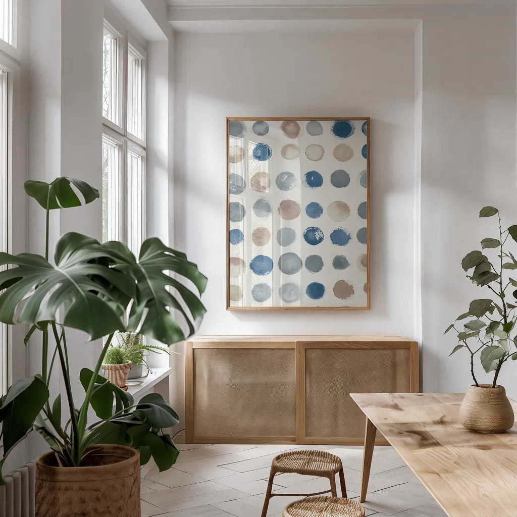 Spot of Rain Vallarta Blue Crop by Shirley Novak. shown as a print in a natural wood frame in a dining room. Available as a archival giclee rolled canvas, fine art paper, or poster print. SKU 79805h.