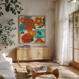 Spring Collage Vignette by Shirley Novak. Shown in a natural wood frame in a cozy modern living room. Available as an archival giclee rolled canvas, fine art paper, or poster print. SKU 20783a.