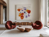Spring Fleurs by Shirley Novak. Shown as extra-large giant wall art in a modern living room. Available as an archival giclee rolled canvas, fine art paper, or poster print. SKU 25017a.