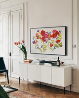 Summer Arrangement by Shirley Novak. shown as a framed stretched canvas in a living room above a console. Available as a archival giclee rolled canvas, fine art paper, or poster print. SKU 89482i.