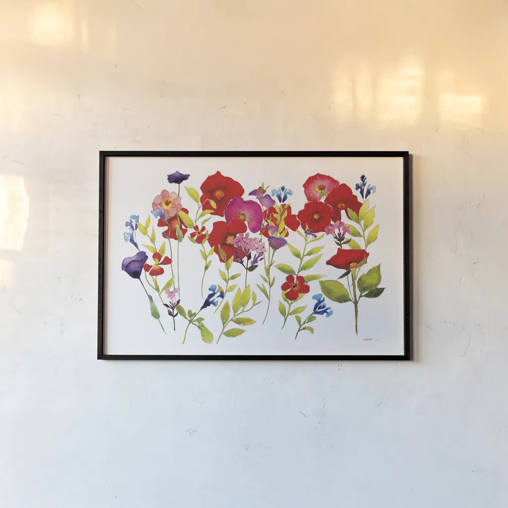 Summer Arrangement by Shirley Novak. shown as a paper print in a black flame. Available as a archival giclee rolled canvas, fine art paper, or poster print. SKU 89482i.