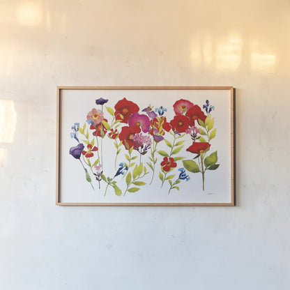 Summer Arrangement by Shirley Novak. shown as a paper print in a natural frame. Available as a archival giclee rolled canvas, fine art paper, or poster print. SKU 89482i.