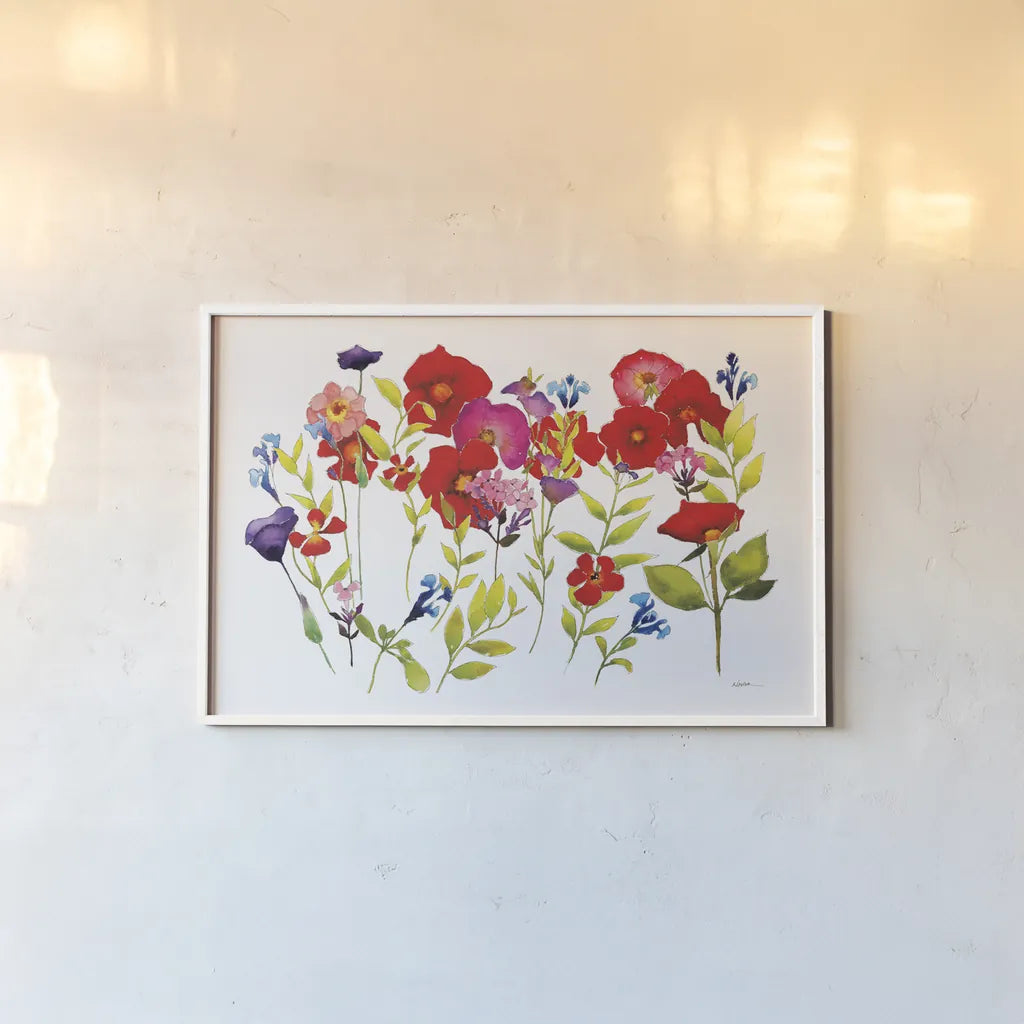 Summer Arrangement by Shirley Novak. shown as a paper print in a white frame. Available as a archival giclee rolled canvas, fine art paper, or poster print. SKU 89482i.