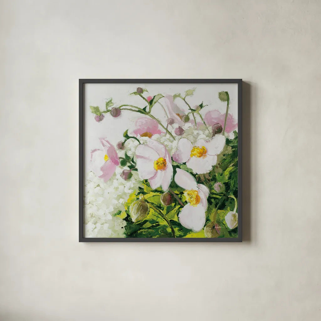 Summer Ends in Pink by Shirley Novak. Shown in a sleek black glass frame for a contemporary gallery look. Available as an archival giclee rolled canvas, fine art paper, or poster print. SKU 91147a.