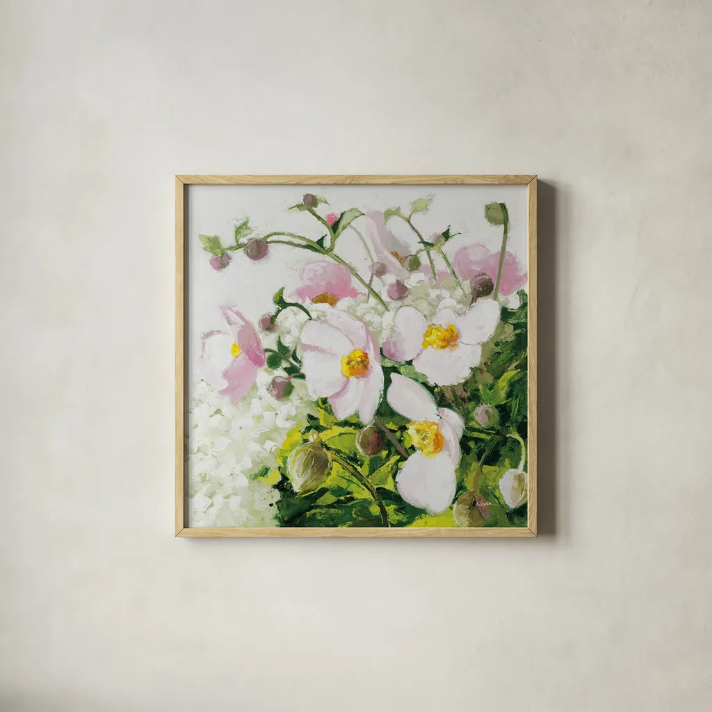 Summer Ends in Pink by Shirley Novak. Shown in a natural wood glass frame for a timeless modern aesthetic. Available as an archival giclee rolled canvas, fine art paper, or poster print. SKU 91147a.