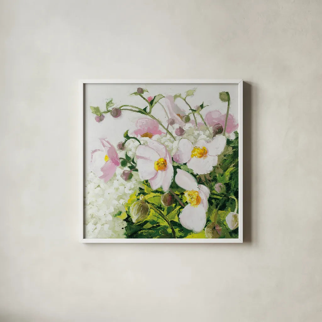 Summer Ends in Pink by Shirley Novak. Shown in a crisp white glass frame for a clean and minimalist style. Available as an archival giclee rolled canvas, fine art paper, or poster print. SKU 91147a.