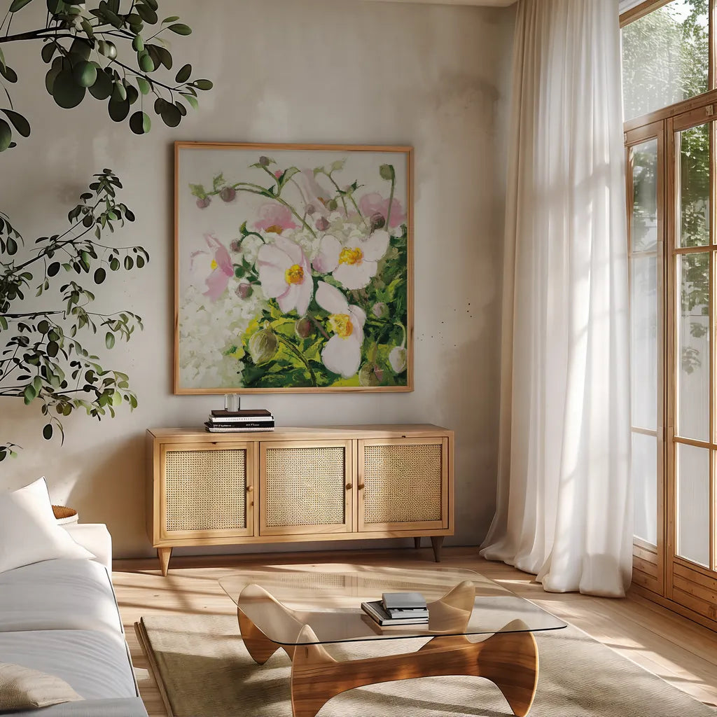 Summer Ends in Pink by Shirley Novak. Shown in a natural wood frame in a cozy modern living room. Available as an archival giclee rolled canvas, fine art paper, or poster print. SKU 91147a.