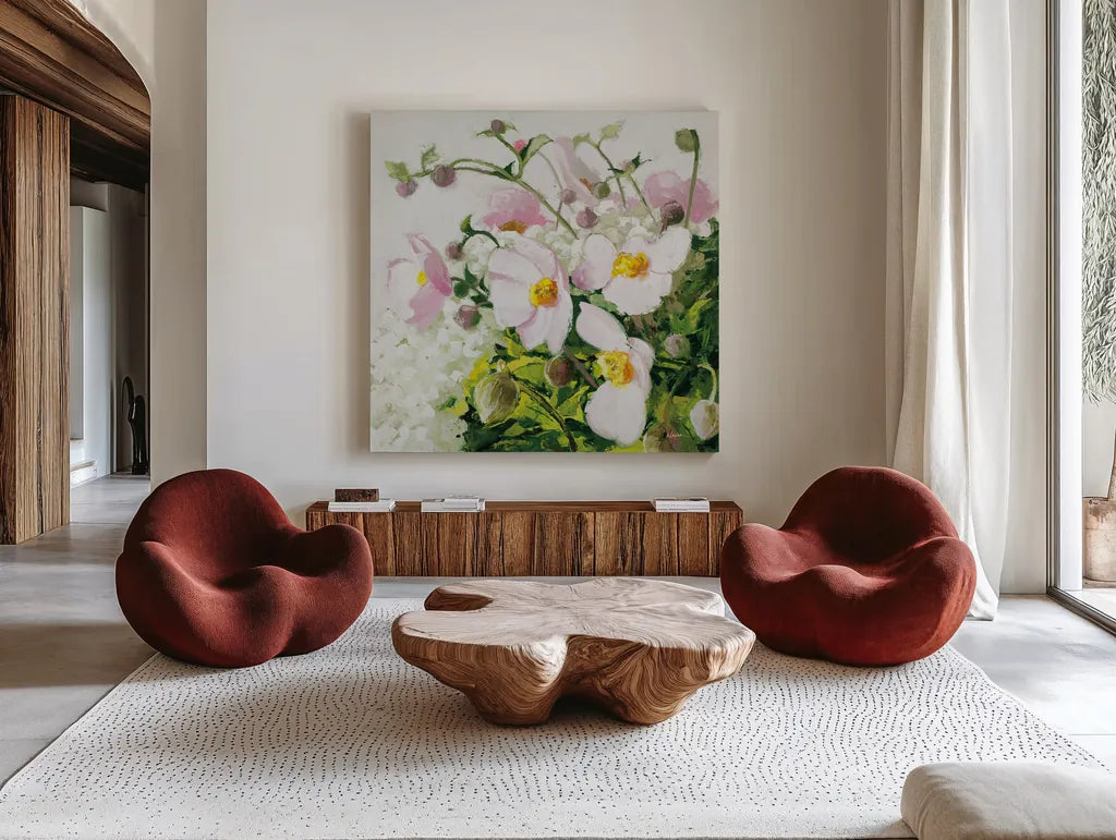 Summer Ends in Pink by Shirley Novak. Shown as extra-large giant wall art in a modern living room. Available as an archival giclee rolled canvas, fine art paper, or poster print. SKU 91147a.
