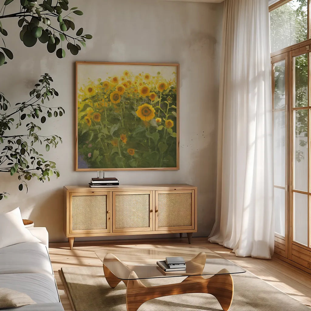 Sunflower Field by Shirley Novak. Shown in a natural wood frame in a cozy modern living room. Available as an archival giclee rolled canvas, fine art paper, or poster print. SKU 53132a.