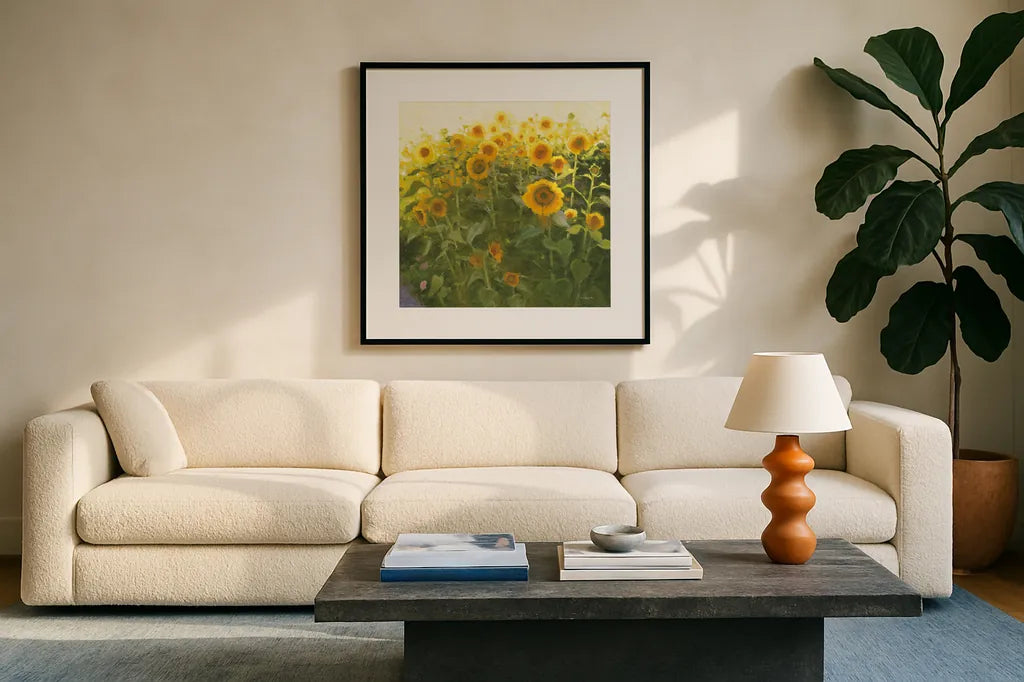 Sunflower Field by Shirley Novak. Displayed in a glass frame with matte in a clean modern living room. Available as an archival giclee rolled canvas, fine art paper, or poster print. SKU 53132a.