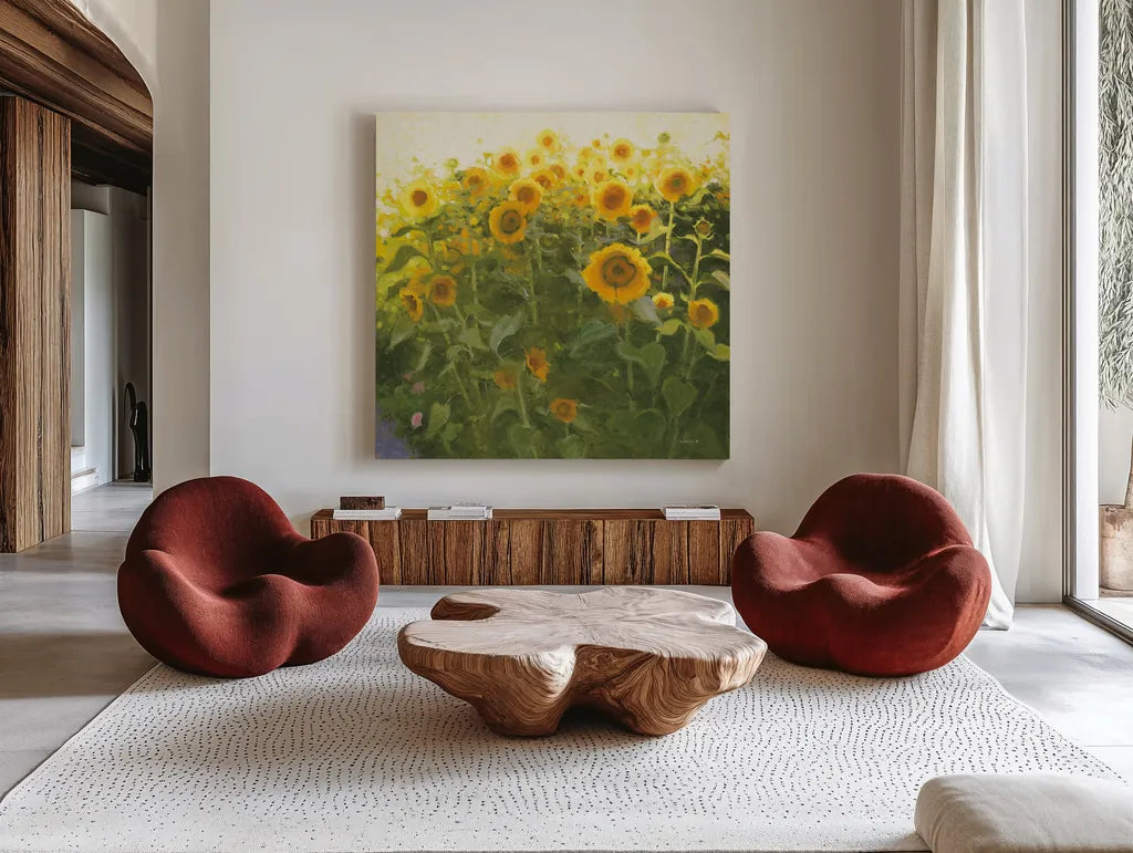 Sunflower Field by Shirley Novak. Shown as extra-large giant wall art in a modern living room. Available as an archival giclee rolled canvas, fine art paper, or poster print. SKU 53132a.