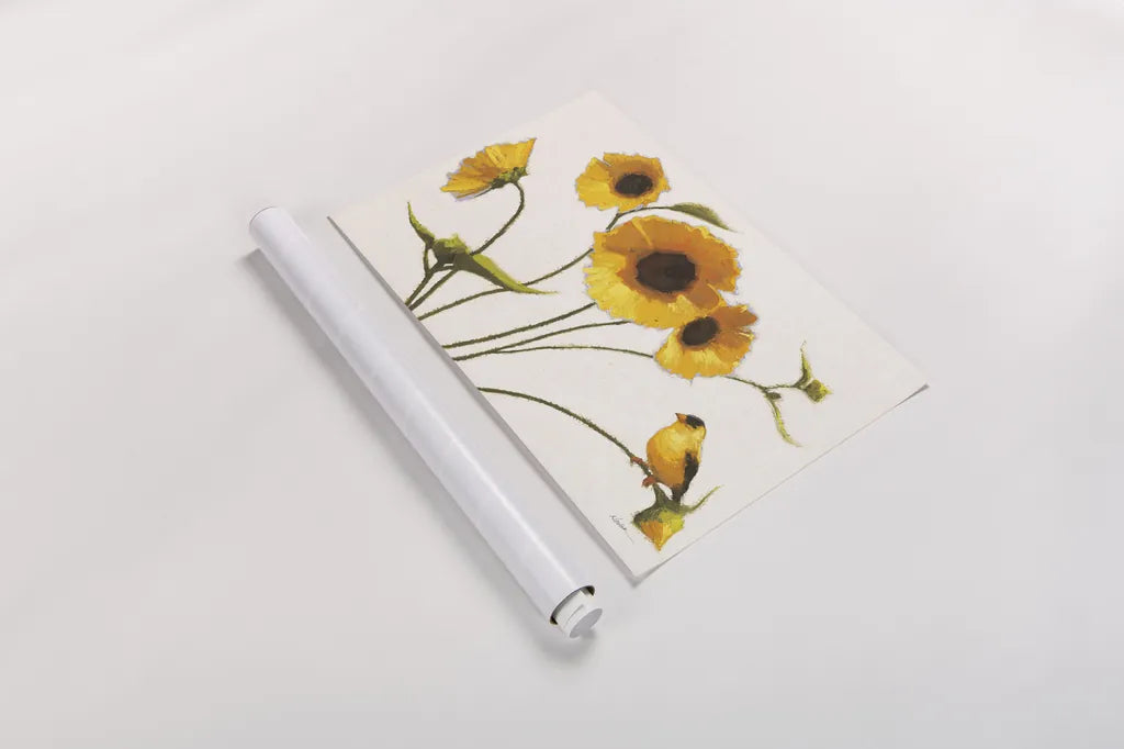 Sunny Flowers on White Crop by Shirley Novak. shown as a rolled paper print. Available as archival giclee rolled canvas, fine art paper, or poster print. SKU 19094i.