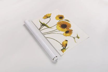 Sunny Flowers on White Crop by Shirley Novak. shown as a rolled paper print. Available as archival giclee rolled canvas, fine art paper, or poster print. SKU 19094i.