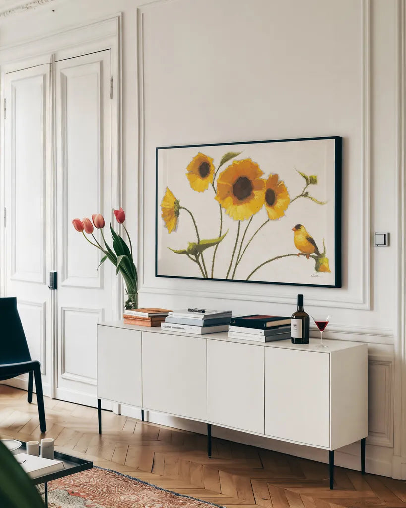 Sunny Flowers on White Crop by Shirley Novak. shown as a framed stretched canvas in a living room above a console. Available as a archival giclee rolled canvas, fine art paper, or poster print. SKU 19094i.