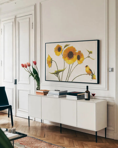 Sunny Flowers on White Crop by Shirley Novak. shown as a framed stretched canvas in a living room above a console. Available as a archival giclee rolled canvas, fine art paper, or poster print. SKU 19094i.