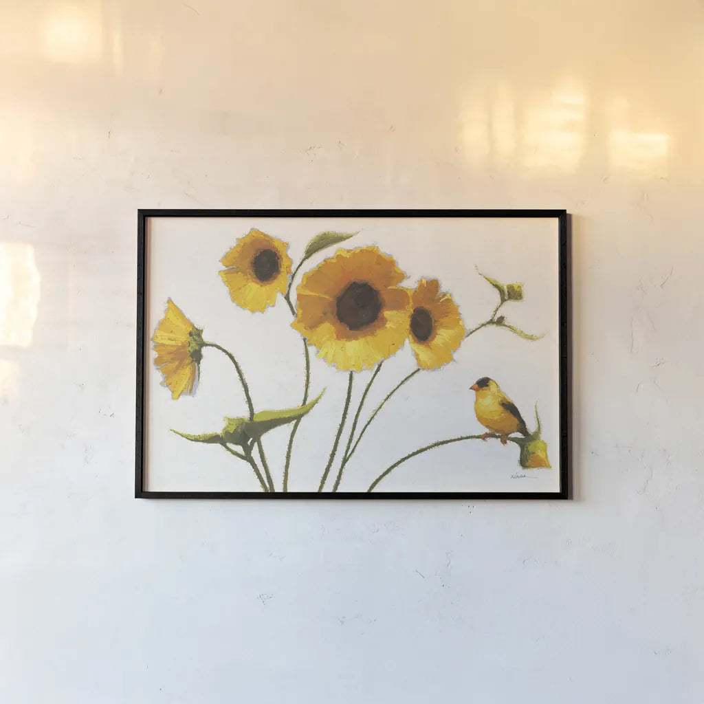 Sunny Flowers on White Crop by Shirley Novak. shown as a paper print in a black flame. Available as a archival giclee rolled canvas, fine art paper, or poster print. SKU 19094i.