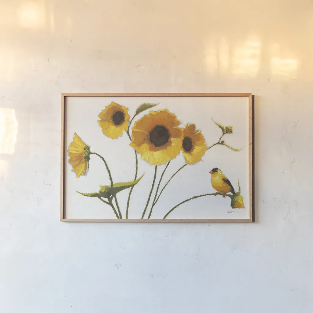 Sunny Flowers on White Crop by Shirley Novak. shown as a paper print in a natural frame. Available as a archival giclee rolled canvas, fine art paper, or poster print. SKU 19094i.