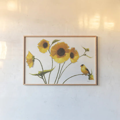 Sunny Flowers on White Crop by Shirley Novak. shown as a paper print in a natural frame. Available as a archival giclee rolled canvas, fine art paper, or poster print. SKU 19094i.