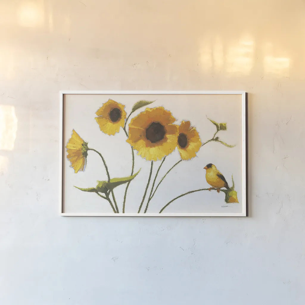 Sunny Flowers on White Crop by Shirley Novak. shown as a paper print in a white frame. Available as a archival giclee rolled canvas, fine art paper, or poster print. SKU 19094i.