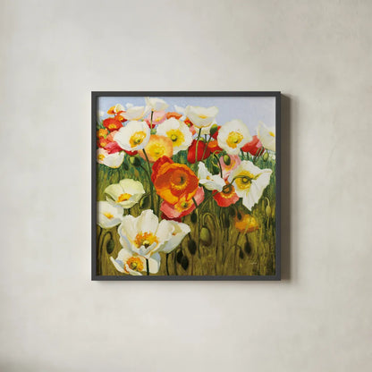 Sunny Goodge Street by Shirley Novak. Shown in a sleek black glass frame for a contemporary gallery look. Available as an archival giclee rolled canvas, fine art paper, or poster print. SKU 89378a.