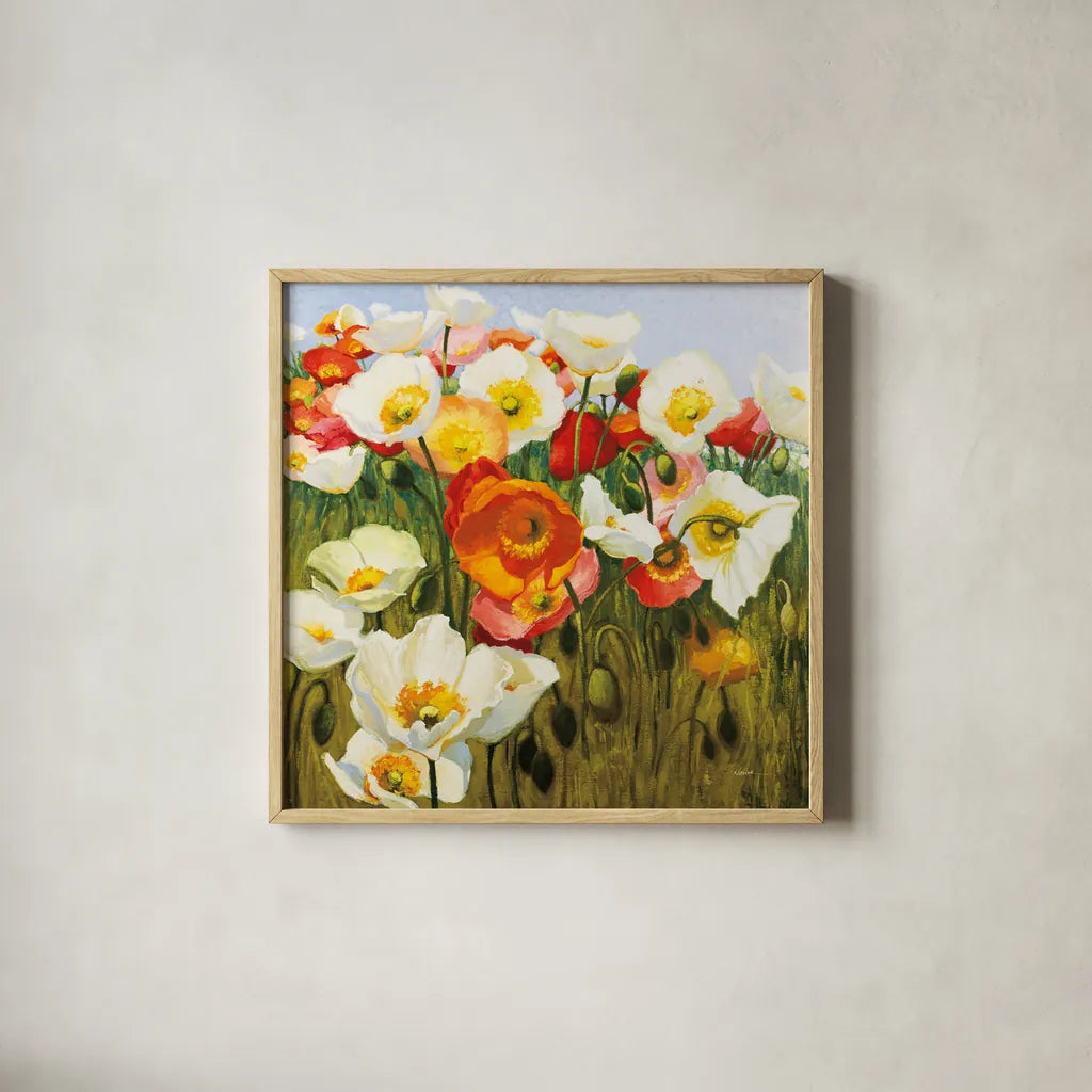 Sunny Goodge Street by Shirley Novak. Shown in a natural wood glass frame for a timeless modern aesthetic. Available as an archival giclee rolled canvas, fine art paper, or poster print. SKU 89378a.