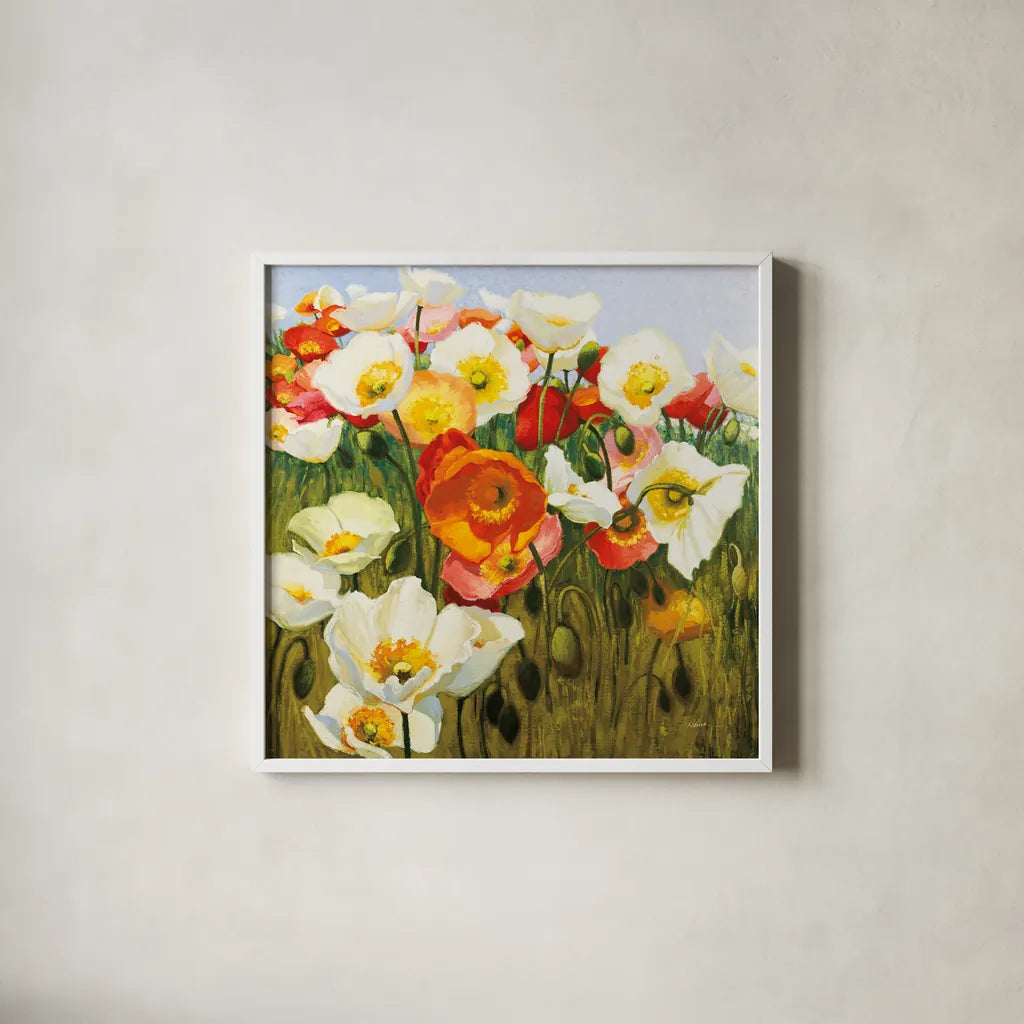 Sunny Goodge Street by Shirley Novak. Shown in a crisp white glass frame for a clean and minimalist style. Available as an archival giclee rolled canvas, fine art paper, or poster print. SKU 89378a.