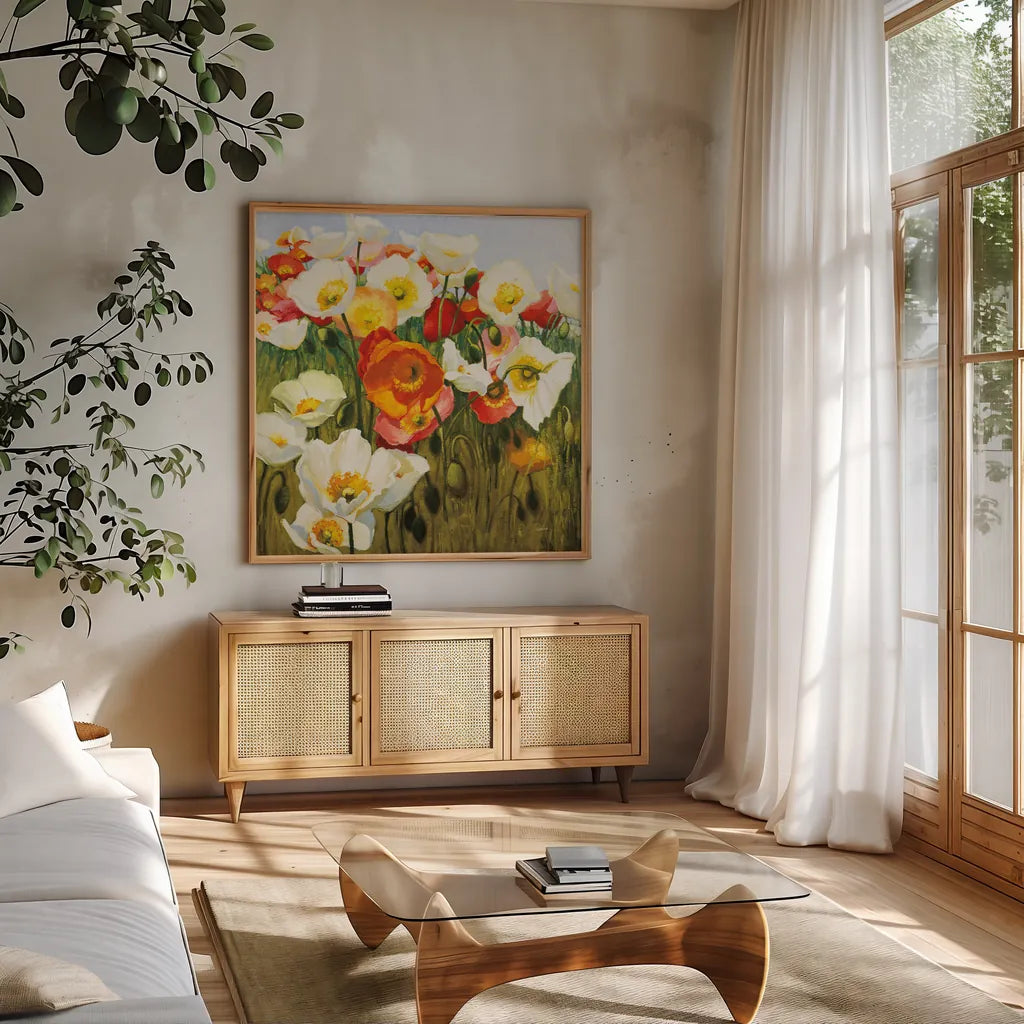 Sunny Goodge Street by Shirley Novak. Shown in a natural wood frame in a cozy modern living room. Available as an archival giclee rolled canvas, fine art paper, or poster print. SKU 89378a.