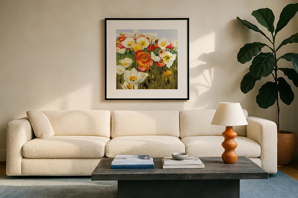 Sunny Goodge Street by Shirley Novak. Displayed in a glass frame with matte in a clean modern living room. Available as an archival giclee rolled canvas, fine art paper, or poster print. SKU 89378a.