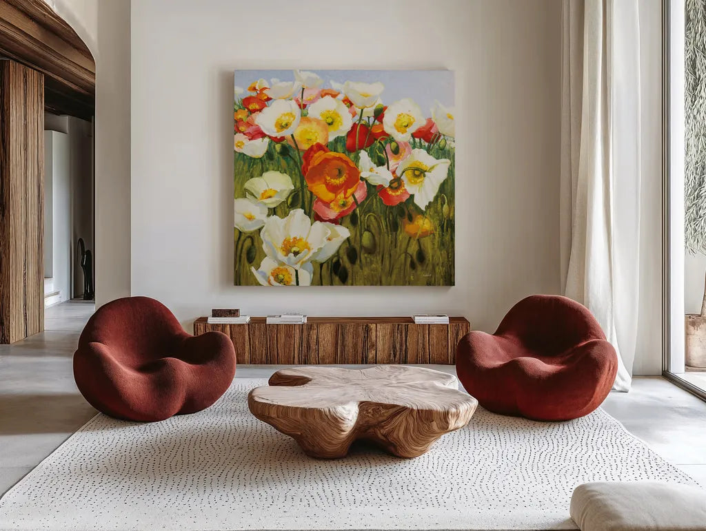 Sunny Goodge Street by Shirley Novak. Shown as extra-large giant wall art in a modern living room. Available as an archival giclee rolled canvas, fine art paper, or poster print. SKU 89378a.
