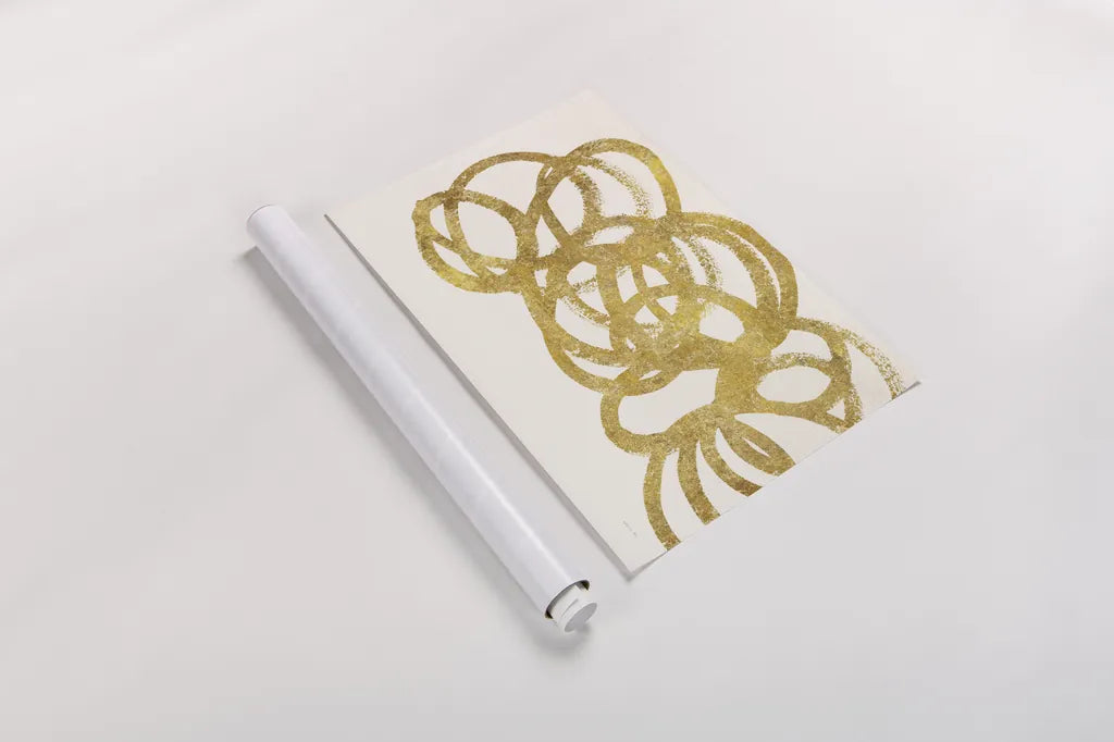 Swirling Element I Crop I Gold by Shirley Novak. shown as a rolled paper print. Available as archival giclee rolled canvas, fine art paper, or poster print. SKU 68389i.