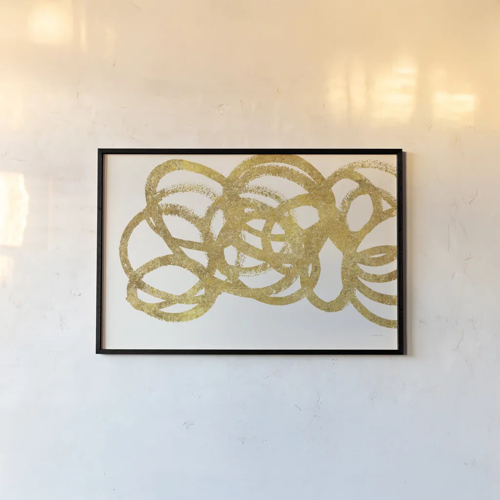 Swirling Element I Crop I Gold by Shirley Novak. shown as a paper print in a black flame. Available as a archival giclee rolled canvas, fine art paper, or poster print. SKU 68389i.