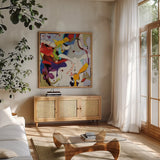 Swoops by Shirley Novak. Shown in a natural wood frame in a cozy modern living room. Available as an archival giclee rolled canvas, fine art paper, or poster print. SKU 93002a.