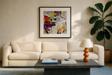 Swoops by Shirley Novak. Displayed in a glass frame with matte in a clean modern living room. Available as an archival giclee rolled canvas, fine art paper, or poster print. SKU 93002a.