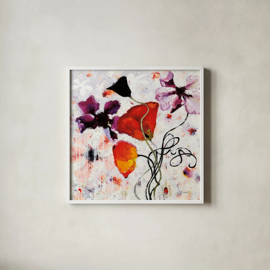 The Black Poppy by Shirley Novak. Shown in a crisp white glass frame for a clean and minimalist style. Available as an archival giclee rolled canvas, fine art paper, or poster print. SKU 89491a.