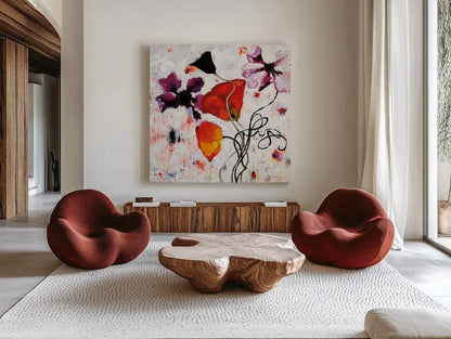 The Black Poppy by Shirley Novak. Shown as extra-large giant wall art in a modern living room. Available as an archival giclee rolled canvas, fine art paper, or poster print. SKU 89491a.