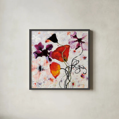 The Black Poppy by Shirley Novak. Shown in a sleek black glass frame for a contemporary gallery look. Available as an archival giclee rolled canvas, fine art paper, or poster print. SKU 93005a.