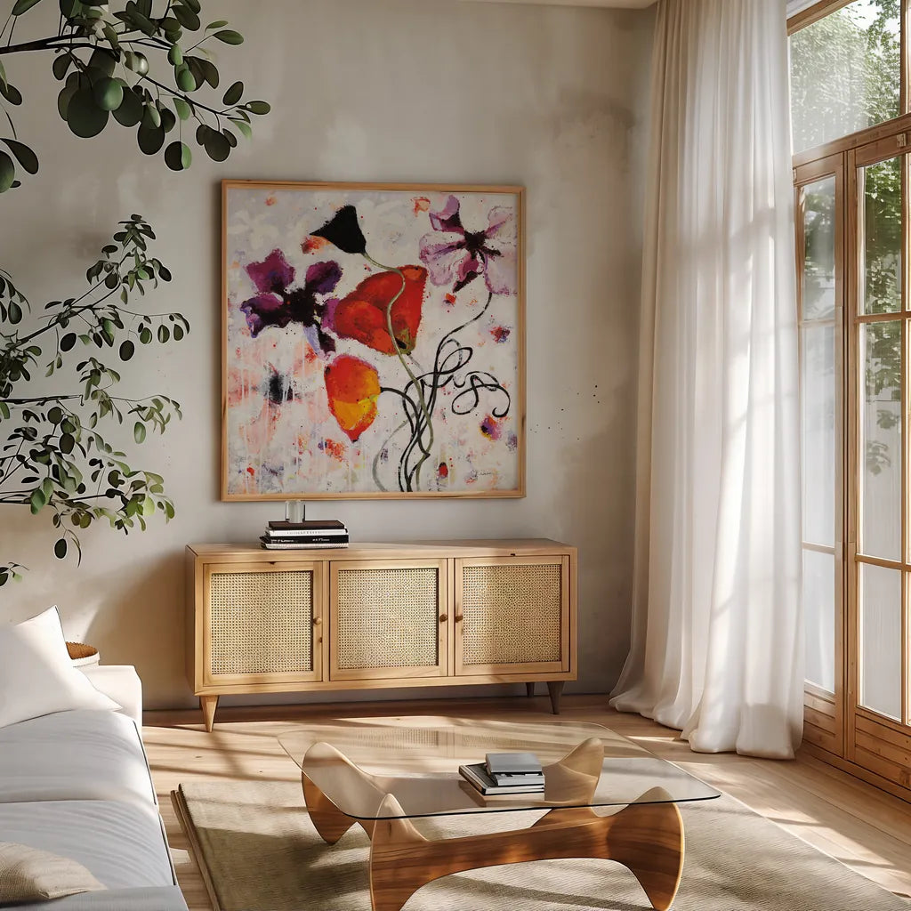 The Black Poppy by Shirley Novak. Shown in a natural wood frame in a cozy modern living room. Available as an archival giclee rolled canvas, fine art paper, or poster print. SKU 93005a.