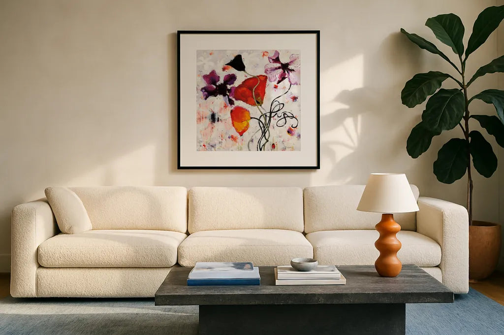 The Black Poppy by Shirley Novak. Displayed in a glass frame with matte in a clean modern living room. Available as an archival giclee rolled canvas, fine art paper, or poster print. SKU 93005a.
