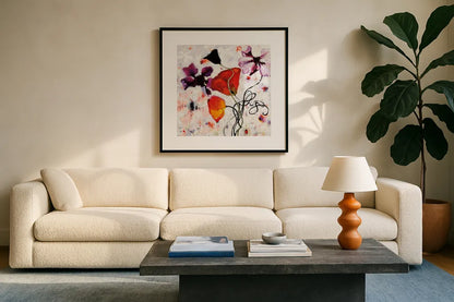 The Black Poppy by Shirley Novak. Displayed in a glass frame with matte in a clean modern living room. Available as an archival giclee rolled canvas, fine art paper, or poster print. SKU 93005a.