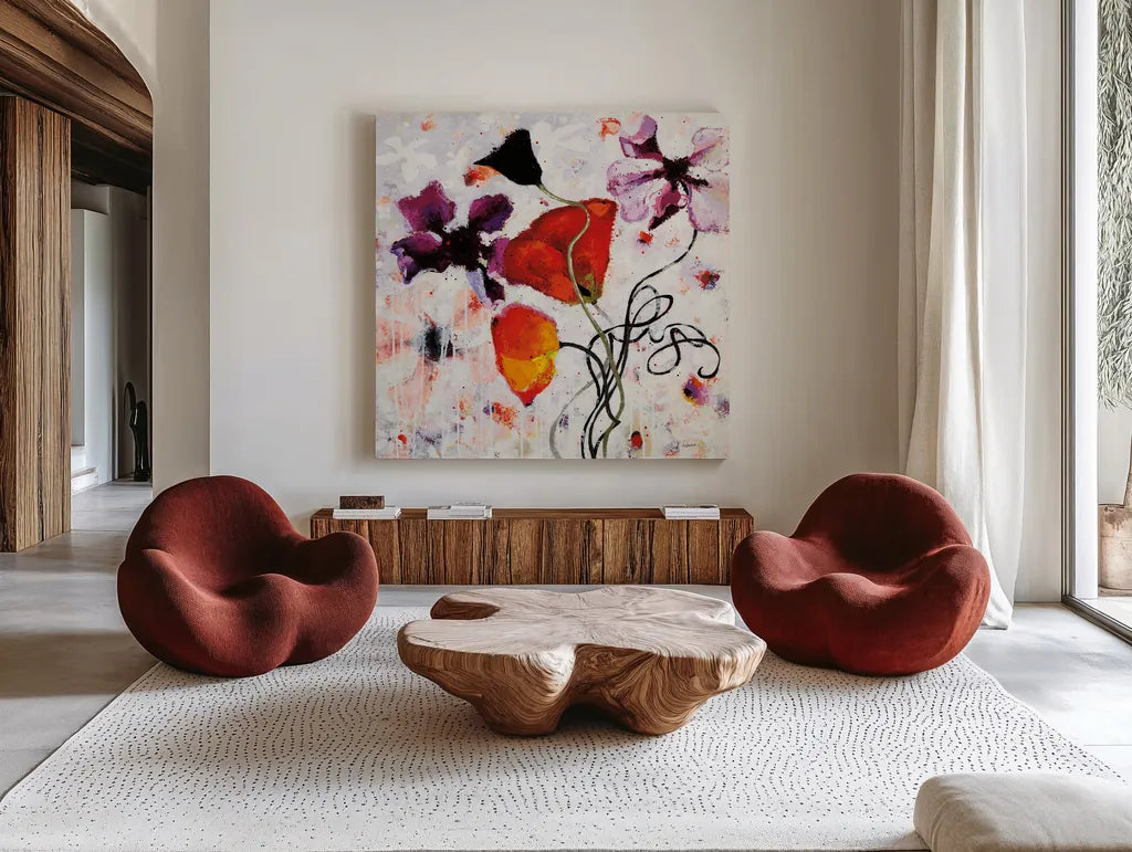 The Black Poppy by Shirley Novak. Shown as extra-large giant wall art in a modern living room. Available as an archival giclee rolled canvas, fine art paper, or poster print. SKU 93005a.