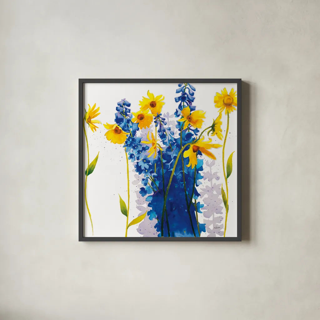 Tres Amigos by Shirley Novak. Shown in a sleek black glass frame for a contemporary gallery look. Available as an archival giclee rolled canvas, fine art paper, or poster print. SKU 89139a.