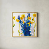 Tres Amigos by Shirley Novak. Shown in a natural wood glass frame for a timeless modern aesthetic. Available as an archival giclee rolled canvas, fine art paper, or poster print. SKU 89139a.
