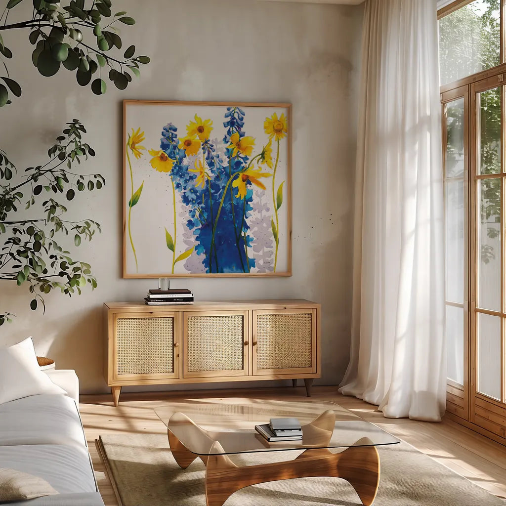 Tres Amigos by Shirley Novak. Shown in a natural wood frame in a cozy modern living room. Available as an archival giclee rolled canvas, fine art paper, or poster print. SKU 89139a.