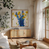 Tres Amigos by Shirley Novak. Shown in a natural wood frame in a cozy modern living room. Available as an archival giclee rolled canvas, fine art paper, or poster print. SKU 89139a.