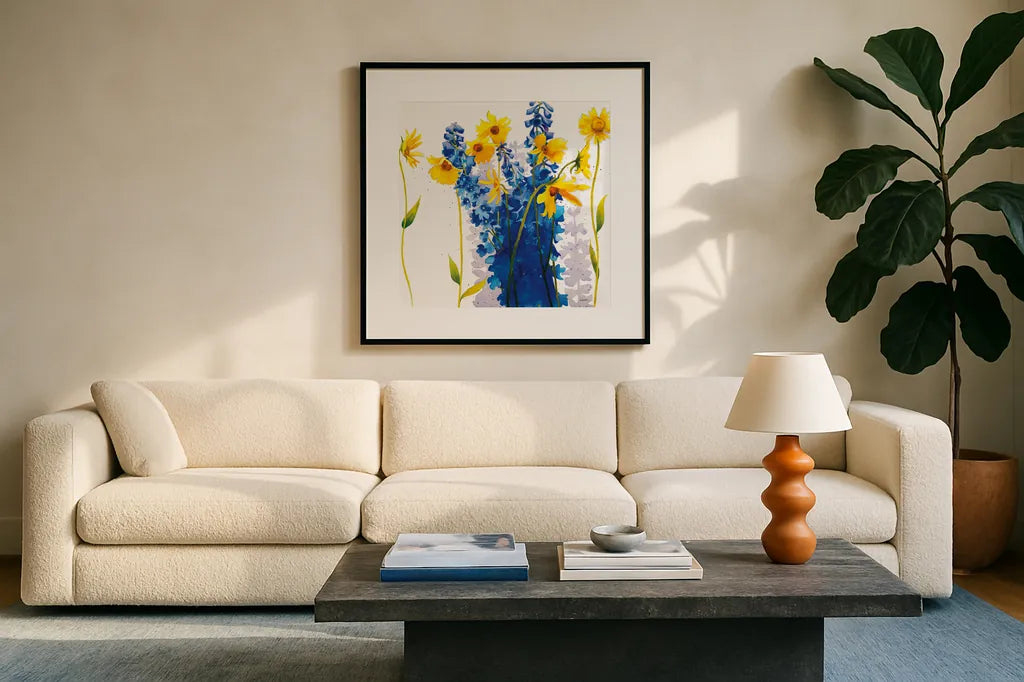 Tres Amigos by Shirley Novak. Displayed in a glass frame with matte in a clean modern living room. Available as an archival giclee rolled canvas, fine art paper, or poster print. SKU 89139a.
