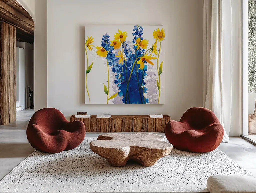 Tres Amigos by Shirley Novak. Shown as extra-large giant wall art in a modern living room. Available as an archival giclee rolled canvas, fine art paper, or poster print. SKU 89139a.